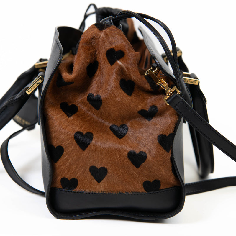 Burberry Black/Brown Heart Print Leather and Calfhair Dinton Satchel