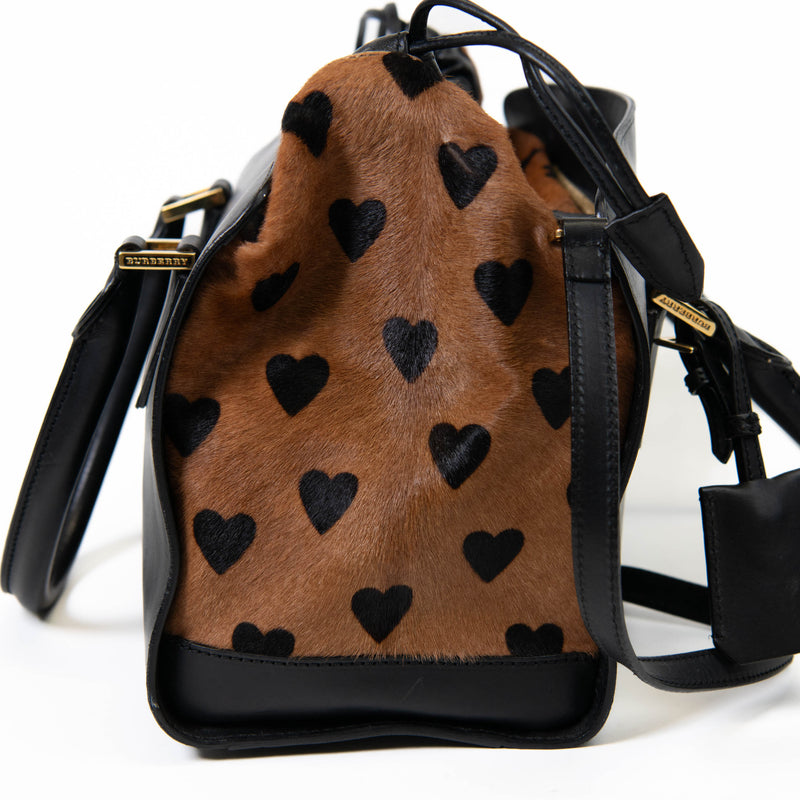 Burberry Black/Brown Heart Print Leather and Calfhair Dinton Satchel