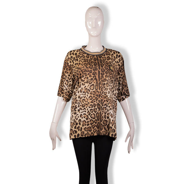 Dolce & Gabbana Tan Brown Cheetah Print Short Sleeve Top Size 48