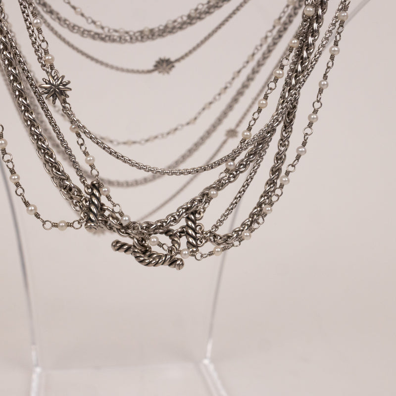 David Yurman Silver Starburst Pearl Multistrand Toggle Necklace