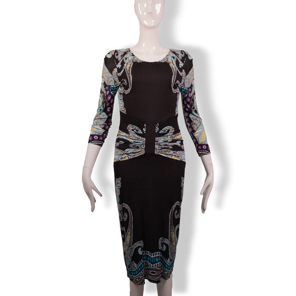 Etro Black Blue Purple Paisley Print Long Sleeve Dress Size 42