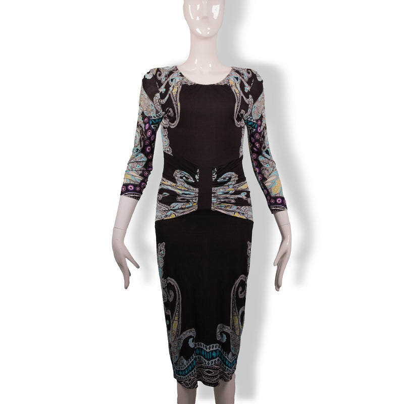 Etro Black Blue Purple Paisley Print Long Sleeve Dress Size 42