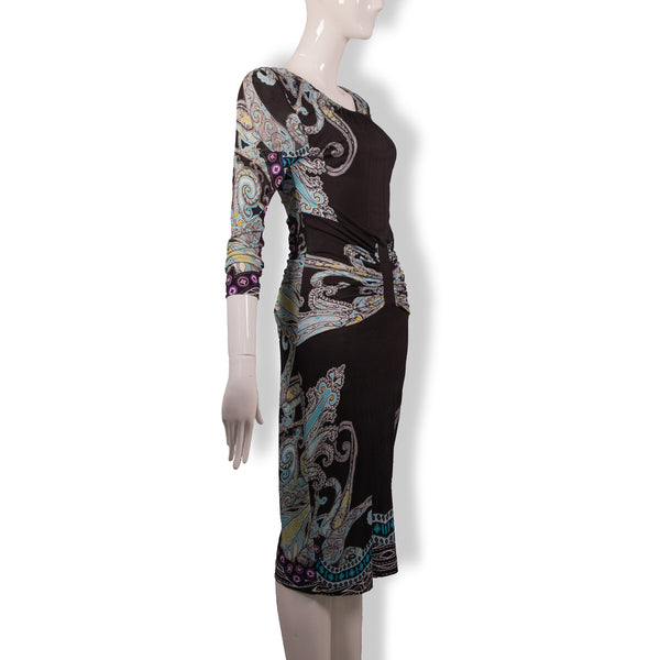 Etro Black Blue Purple Paisley Print Long Sleeve Dress Size 42