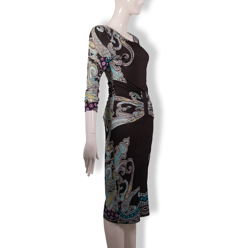 Etro Black Blue Purple Paisley Print Long Sleeve Dress Size 42