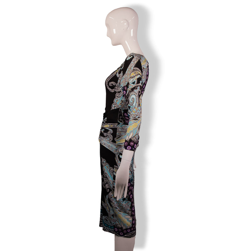 Etro Black Blue Purple Paisley Print Long Sleeve Dress Size 42
