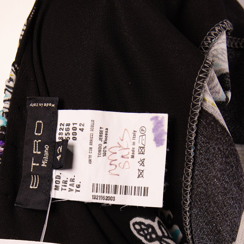 Etro Black Blue Purple Paisley Print Long Sleeve Dress Size 42