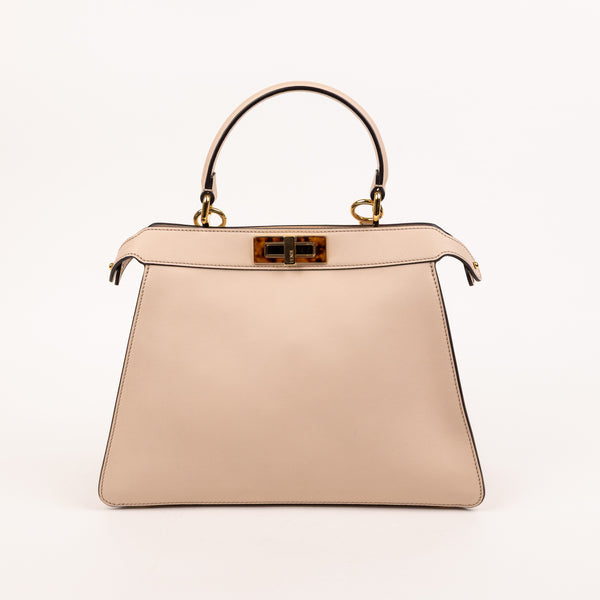 Fendi Beige Cream Leather Peekaboo Satchel Medium Bag