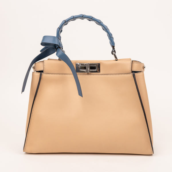 Fendi Peekaboo Ribbon Satchel Tan Blue Cuoio Leather Bag