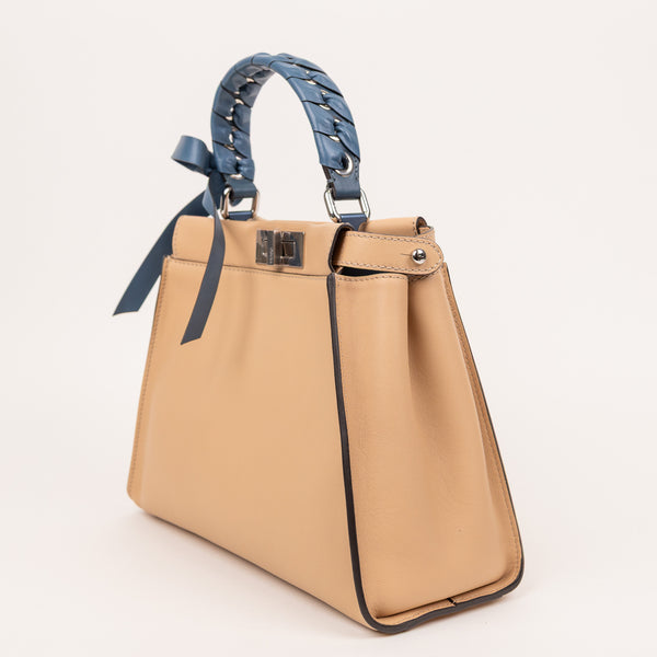 Fendi Peekaboo Ribbon Satchel Tan Blue Cuoio Leather Bag