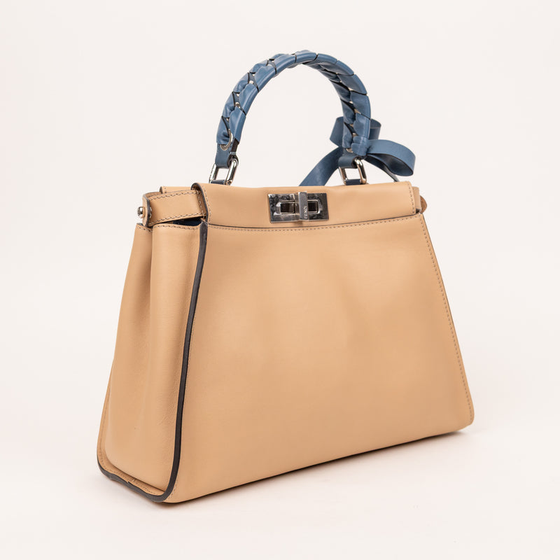 Fendi Peekaboo Ribbon Satchel Tan Blue Cuoio Leather Bag
