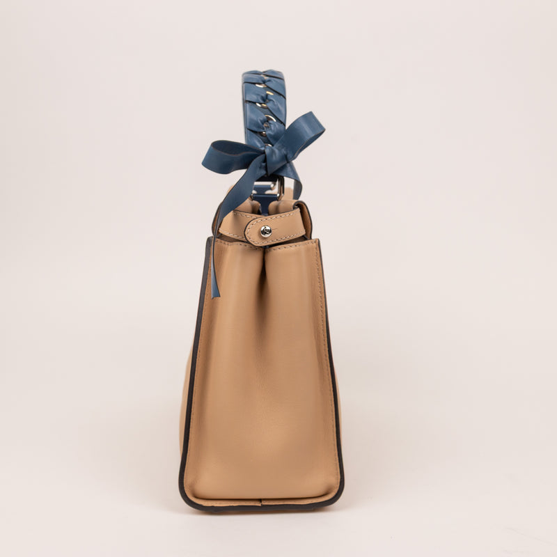 Fendi Peekaboo Ribbon Satchel Tan Blue Cuoio Leather Bag