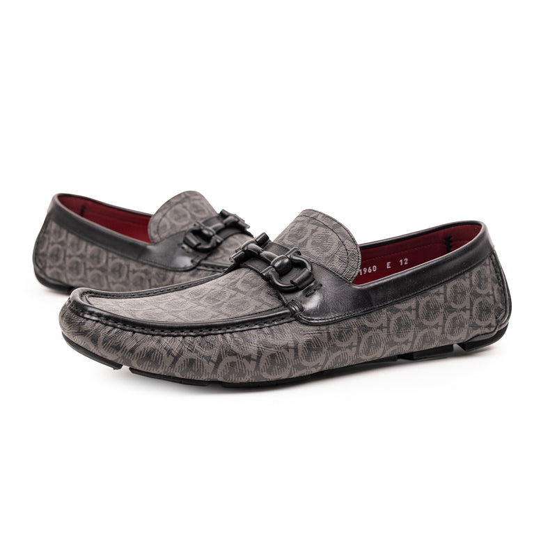 Salvatore Ferragamo Gray Black Logo Drivers Leather Men’s Shoes 12