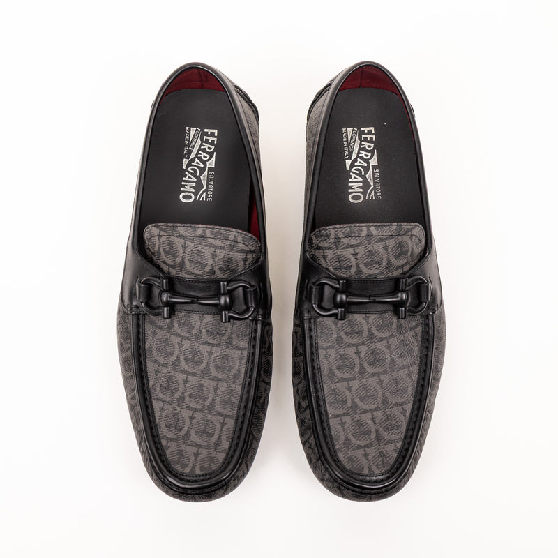 Salvatore Ferragamo Gray Black Logo Drivers Leather Men’s Shoes 12