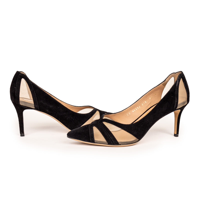 Salvatore Ferragamo Black Nude Mesh Velvet Heels Size 6.5