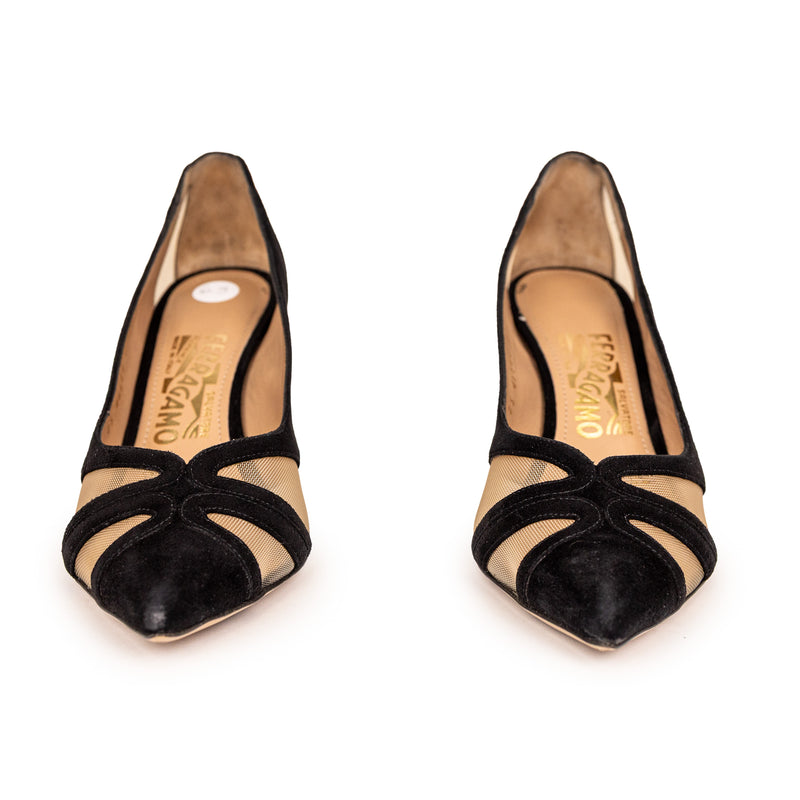 Salvatore Ferragamo Black Nude Mesh Velvet Heels Size 6.5