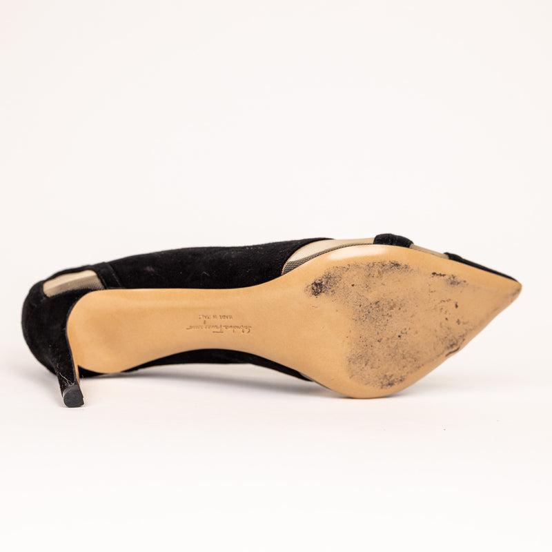 Salvatore Ferragamo Black Nude Mesh Velvet Heels Size 6.5