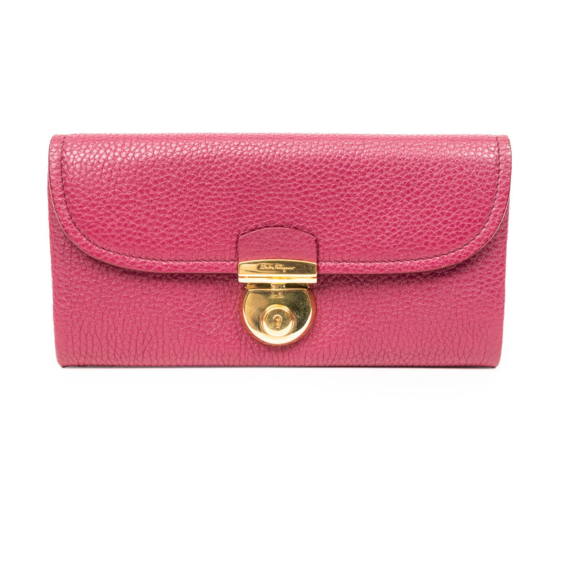 Ferragamo Pink Leather Long Wallet Gold Hardware
