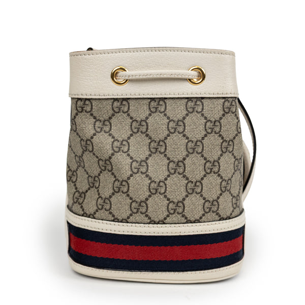 Gucci Brown GG Supreme Mini Drawstring Bag with Red and Blue Web Stripe