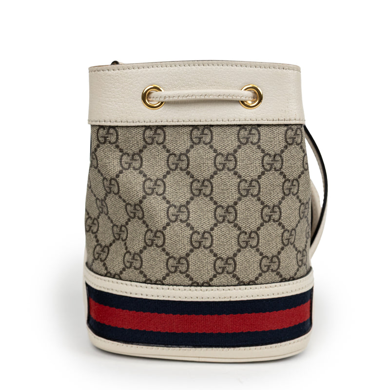 Gucci Brown GG Supreme Mini Drawstring Bag with Red and Blue Web Stripe