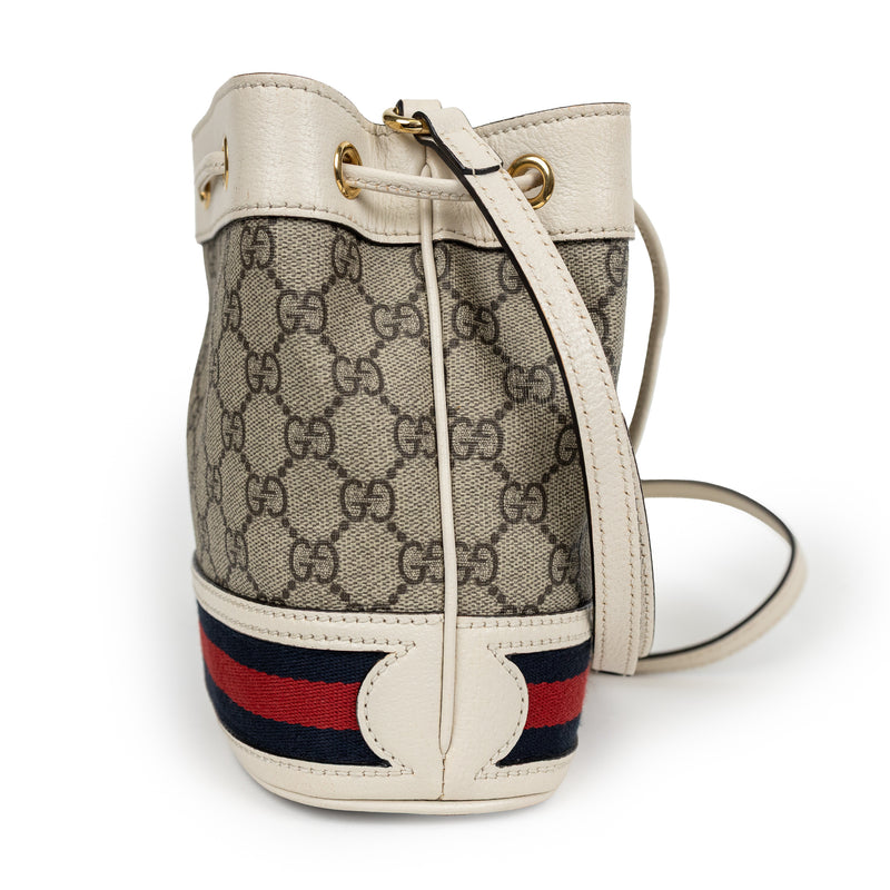 Gucci Brown GG Supreme Mini Drawstring Bag with Red and Blue Web Stripe