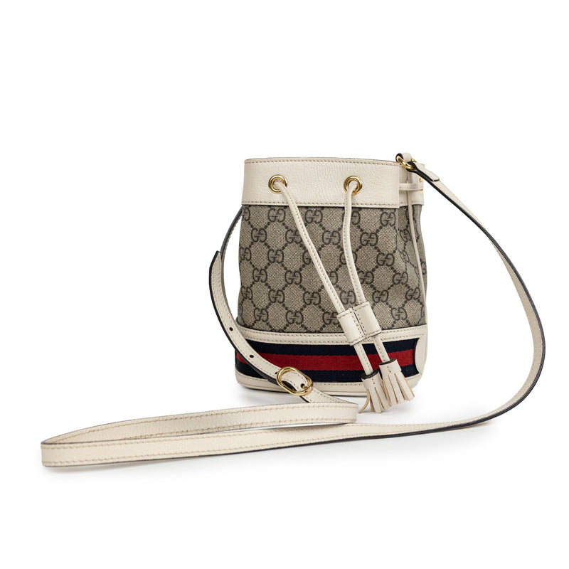 Gucci Brown GG Supreme Mini Drawstring Bag with Red and Blue Web Stripe