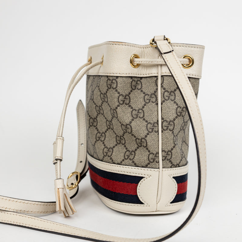 Gucci Brown GG Supreme Mini Drawstring Bag with Red and Blue Web Stripe