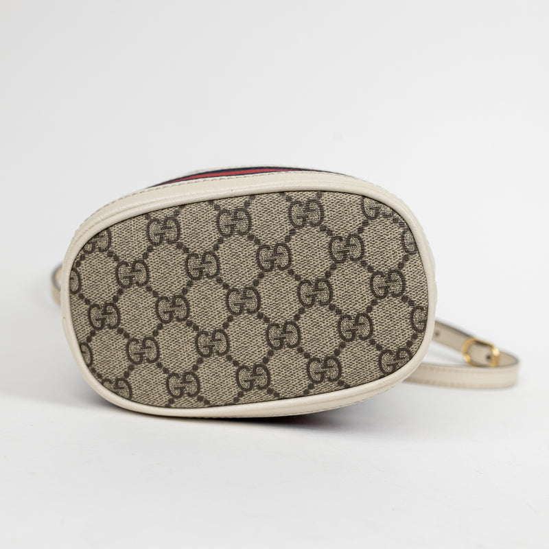 Gucci Brown GG Supreme Mini Drawstring Bag with Red and Blue Web Stripe