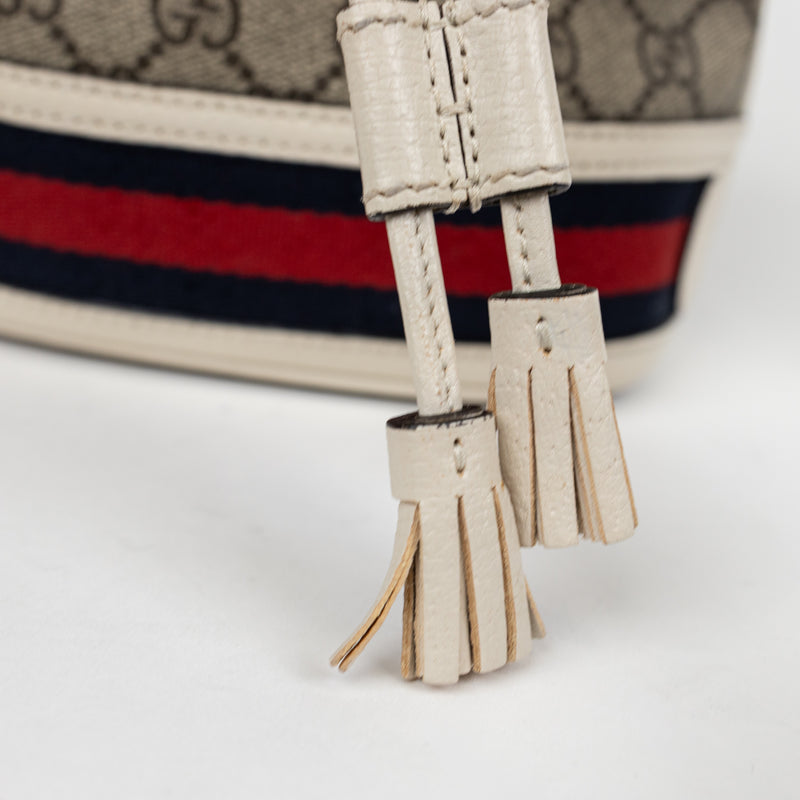 Gucci Brown GG Supreme Mini Drawstring Bag with Red and Blue Web Stripe