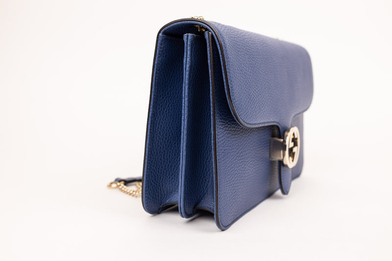 Gucci Blue Dollar Calfskin Interlocking G Wallet on a Chain Bag