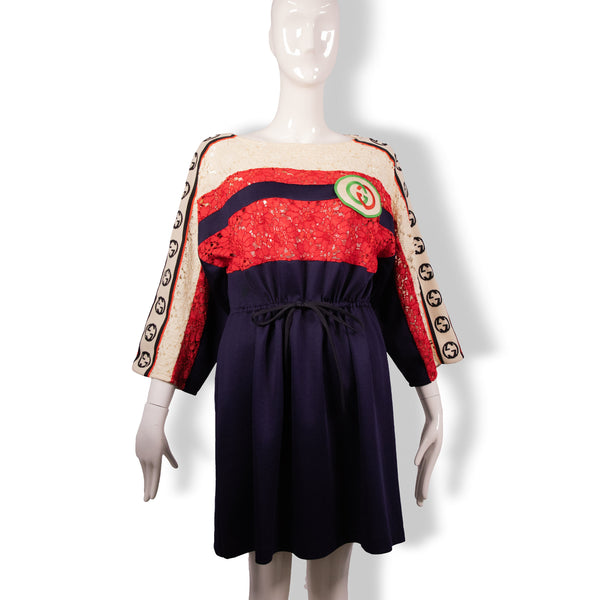 Gucci Blue Red Lace Waist Dress Size M