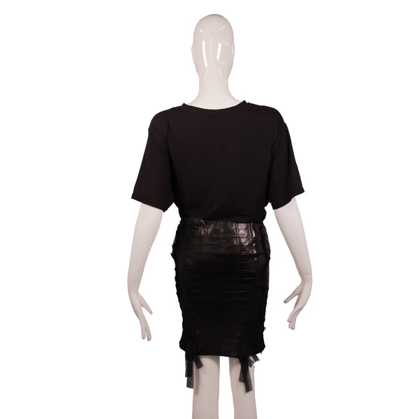 Gucci Black Silk Leather Panel Pencil Skirt Size 38