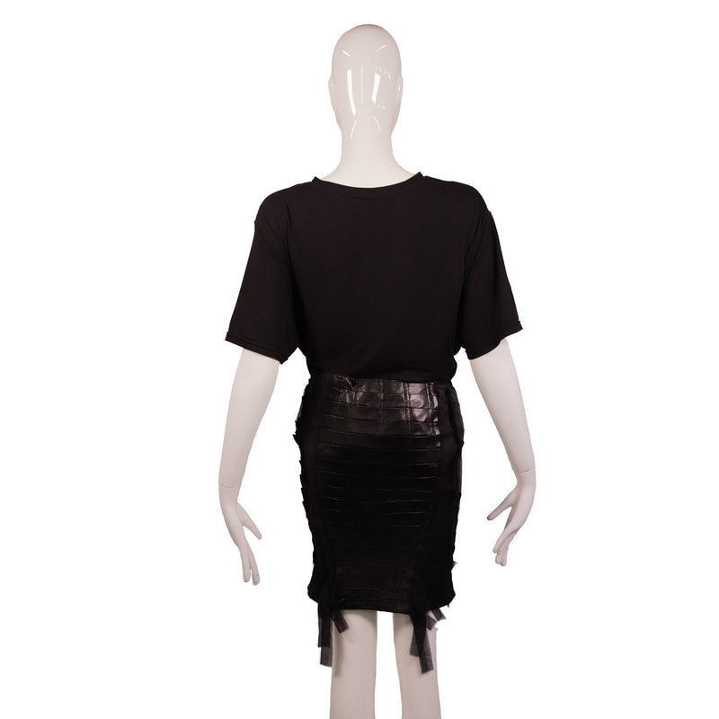 Gucci Black Silk Leather Panel Pencil Skirt Size 38