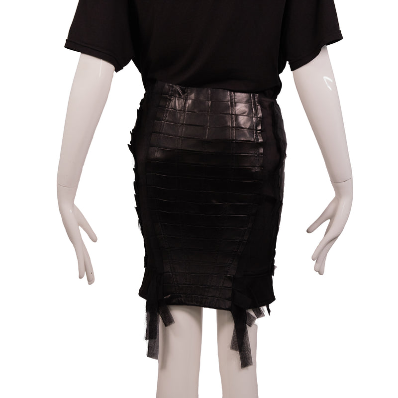 Gucci Black Silk Leather Panel Pencil Skirt Size 38