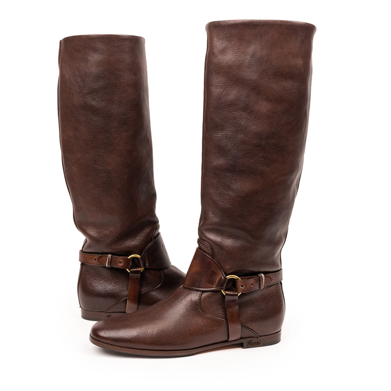 Gucci Brown Tall Leather Flat Boots 35
