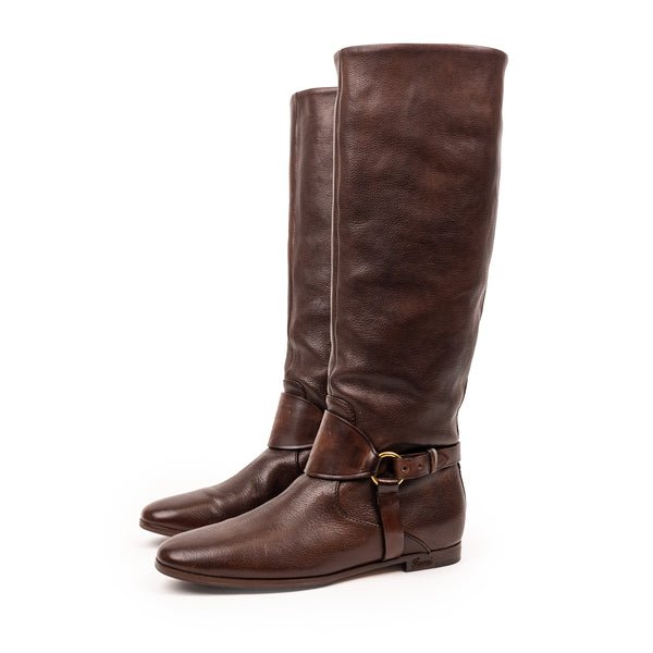 Gucci Brown Tall Leather Flat Boots 35