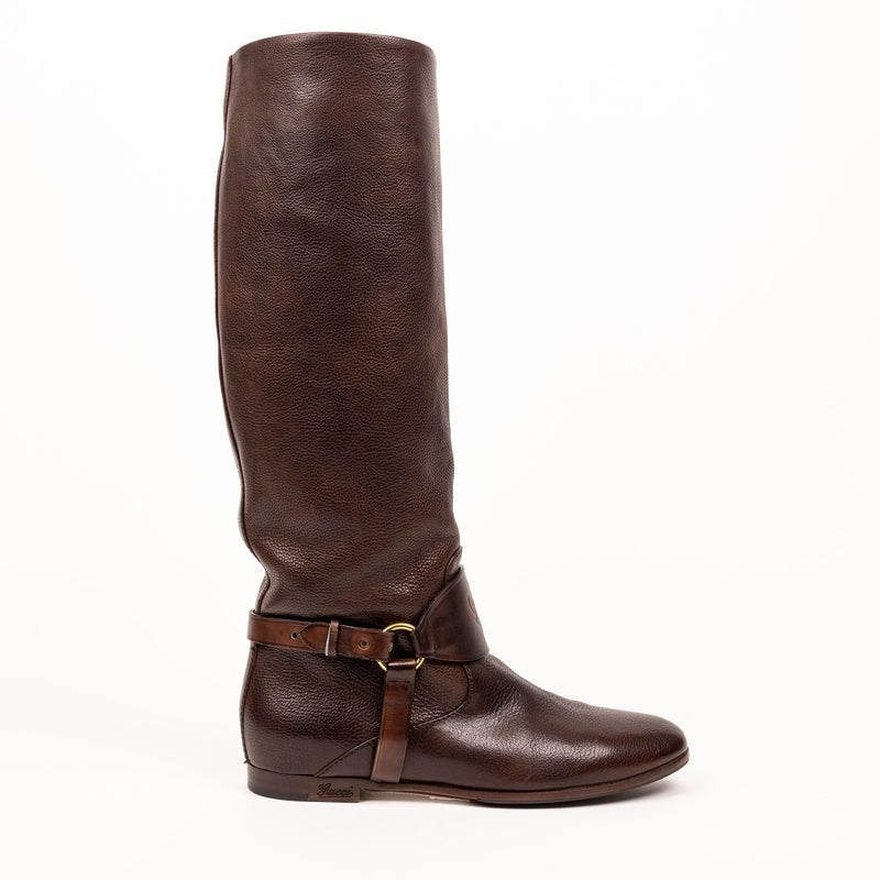 Gucci Brown Tall Leather Flat Boots 35