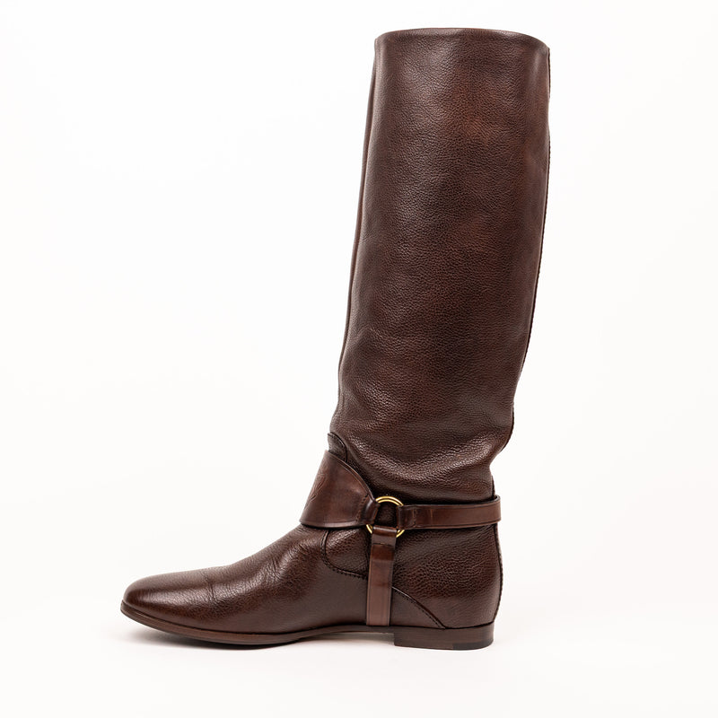 Gucci Brown Tall Leather Flat Boots 35
