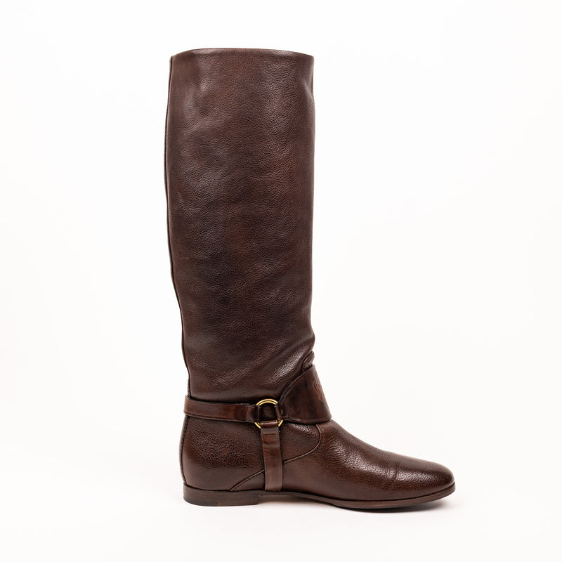 Gucci Brown Tall Leather Flat Boots 35