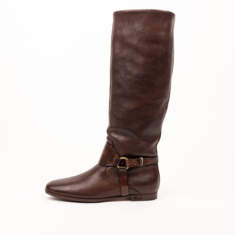 Gucci Brown Tall Leather Flat Boots 35