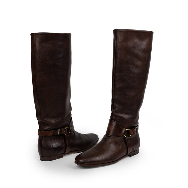 Gucci Brown Tall Leather Flat Riding Boots Size 35