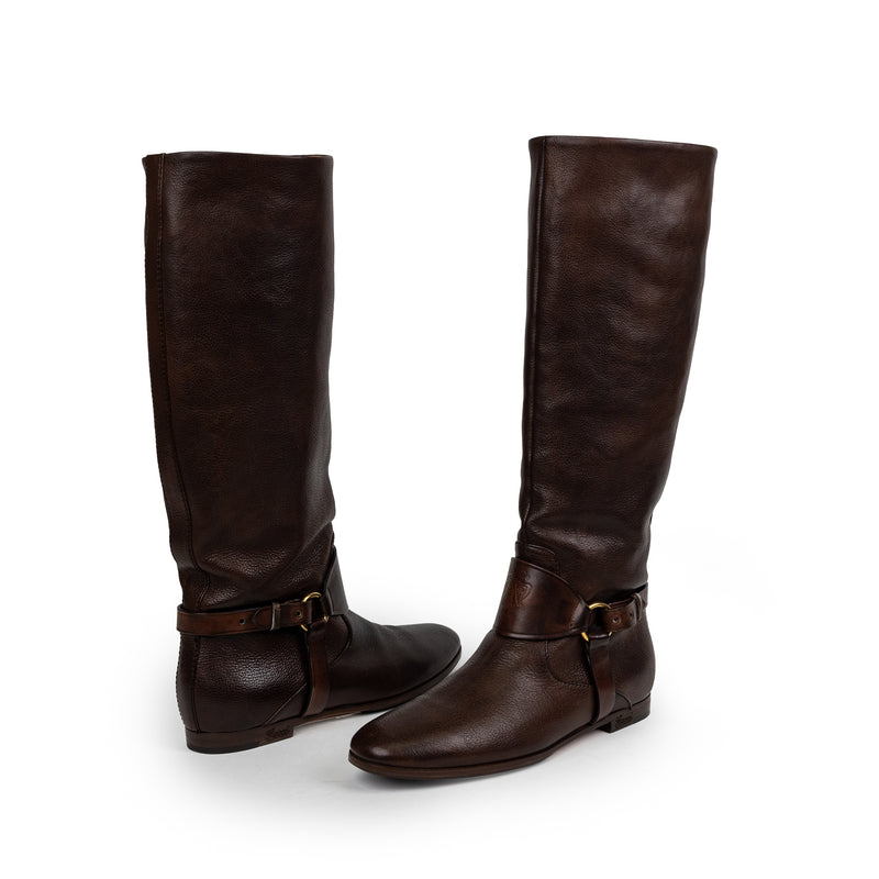 Gucci Brown Tall Leather Flat Riding Boots Size 35