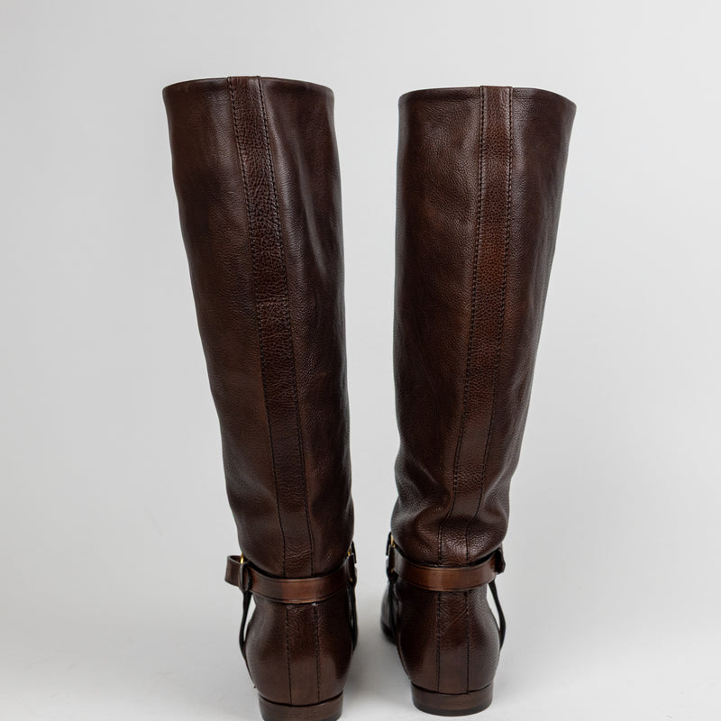 Gucci Brown Tall Leather Flat Riding Boots Size 35
