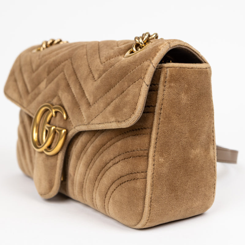 Gucci Tan Brown Velvet Chevron Marmont Shoulder Bag Small