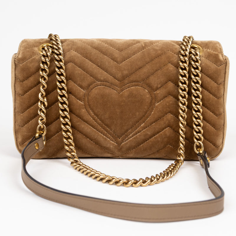 Gucci Tan Brown Velvet Chevron Marmont Shoulder Bag Small
