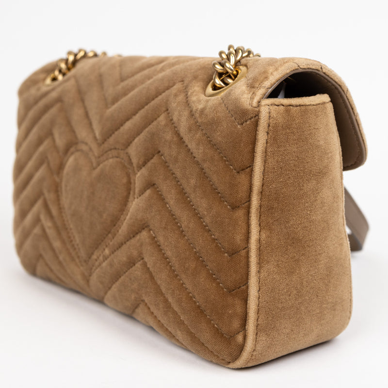 Gucci Tan Brown Velvet Chevron Marmont Shoulder Bag Small