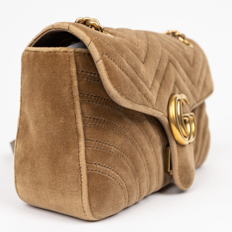 Gucci Tan Brown Velvet Chevron Marmont Shoulder Bag Small