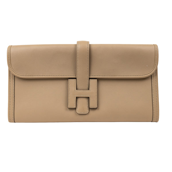 Hermès Jige Clutch Bag in Beige Leather