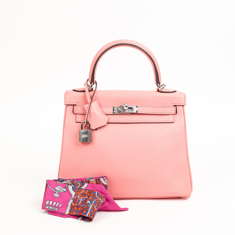Hermes Pink Rose Azalee Swift Leather Kelly 25 cm Palladium Hardware