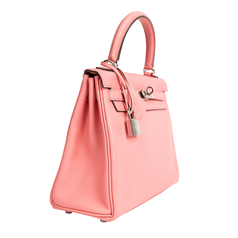 Hermes Pink Rose Azalee Swift Leather Kelly 25 cm Palladium Hardware
