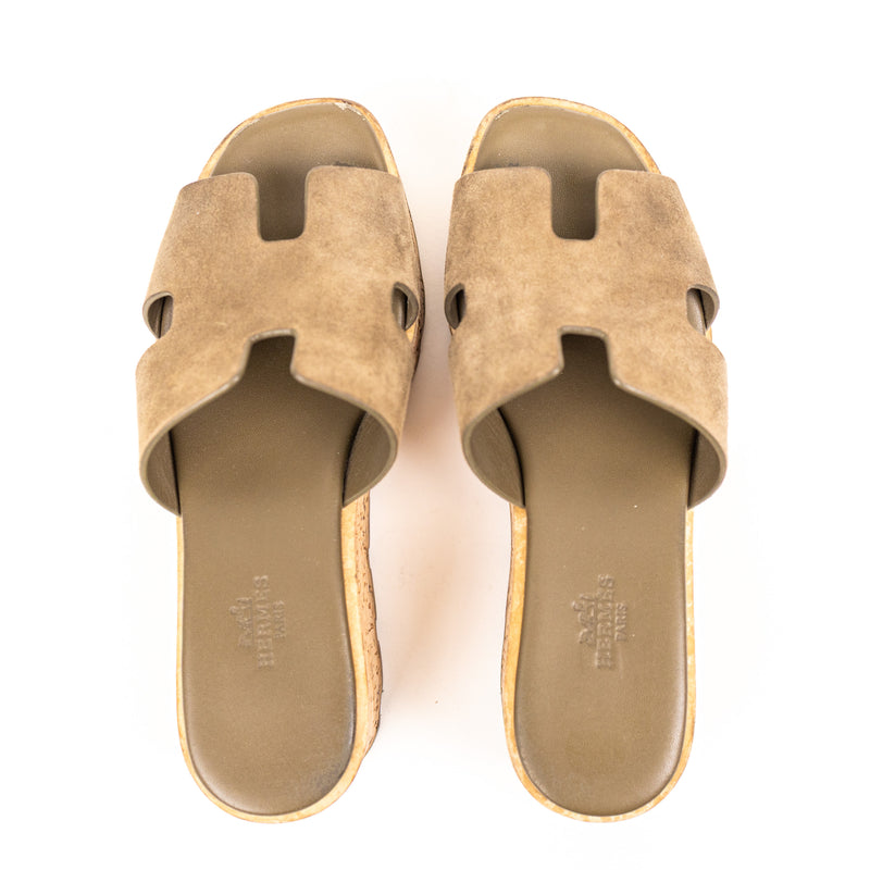 Hermes Green Suede Cork Eze Wedge Sandals Size 36